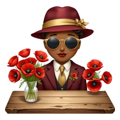 A lush bouquet of deep red poppies tied with a faded gold ribbon, resting on an antique wooden table. Warm brown leaves and golden sunlight add a vintage charm. sticker