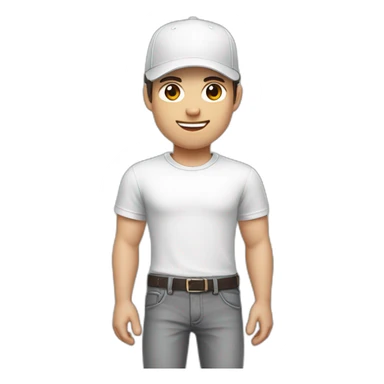 Pale skinned fit Man with dark brown hair in a white cap, gray jeans and gray polo T-shirt keeping a pasted with tape white box into his hands sticker
