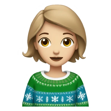 Light brown short haired girl with green eyes drinking coffee wearing blue Christmas sweater sticker