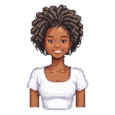 black woman with natural hair, smiling, pixel art style sticker