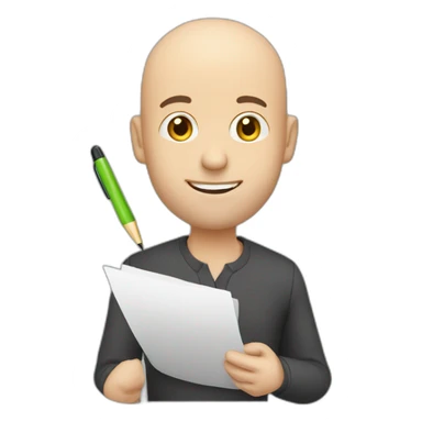 middleage bald male white with very small beard holding checklist with a pen sticker
