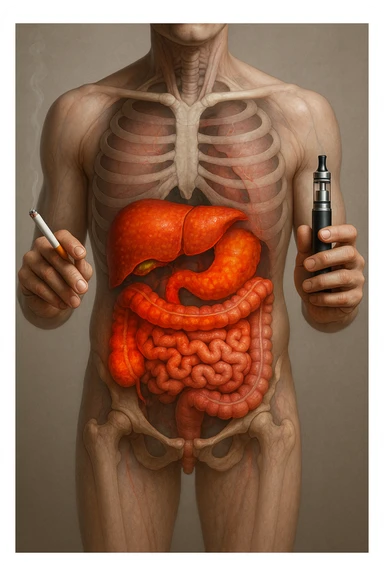 FANNE 10 CON LO STESSO IDENTICO STILE DEL CORPO UMANO CHE HO ALLEGATO , MA USANDO QUESTO COMANDO: A MEDICAL ILLUSTRATION OF A REALISTIC human body WITH INFLAMMED LIVER AND INTESTINE IN EVIDENCE, HOLDS A LIGHTED NORMAL CIGARETTE IN HIS RIGHT HAND, AN ELECTRONIC CIGARETTE IN HIS LEFT HAND IPERREALISTICA  4K sticker