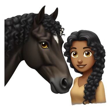 Tan girl, long black curly hair, beautiful hazel eyes, next to a black Arabian horse sticker