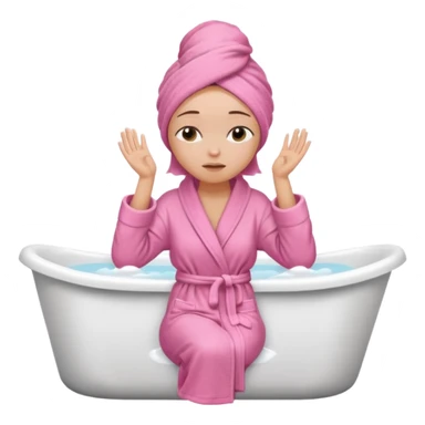 A woman sitting on the edge of a bathtub, wearing a pink bathrobe and towel on her head, one hand on her shoulders and eyes closed  sticker
