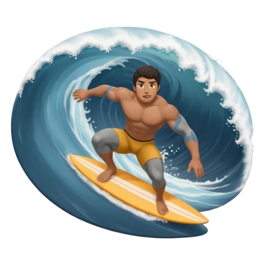 Indo guy dark hair and big muscles but short guy pro surfer surfing abig barrel wave in dark grey swimmers sticker