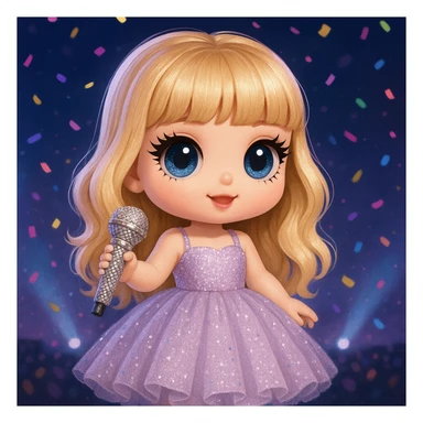 Pretty and girly Blonde pop star with bangs wearing a sparkly tulle light purple ballgown, holding a bedazzled microphone, reimagined as a cute doll, with a nighttime concert backdrop with colorful confetti sticker