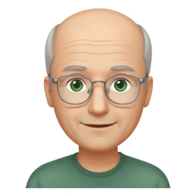 Balding man with receding hair, grey hair only on the sides, green eyes, rectangular reading glasses, rounded clear face, with a smile sticker