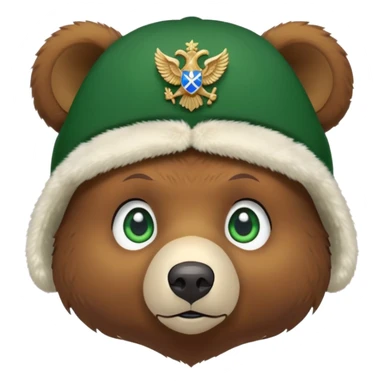 Small cute brown bear head only, innocent expression and green eyes, white ushanka hat with detailed Russian double-headed eagle emblem, no jacket or body, iOS emoji style sticker