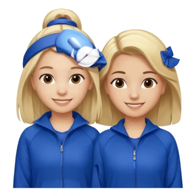 two girls smiling one has blond hair and one is has dark brown hair they are wearing royal blue track suits sticker