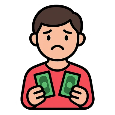 dark brown haired guy with a round face, disappointed expression, holding cash sticker