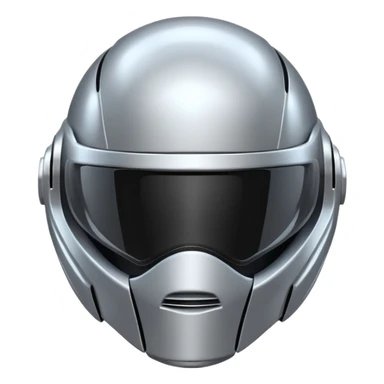 A futuristic helmet emoji made of silver chrome, smooth aerodynamic shape, minimal visor detail, reflective metallic surface, sci-fi aesthetic, iOS emoji style, centered on clean white background sticker