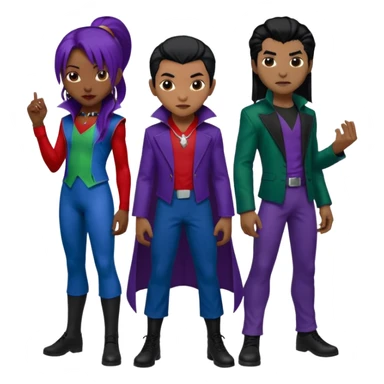 Solo poly platonic relationship, one African girl, one Asian boy, one biracial features Asian tomboy girl rat-tail hair long and upper masculine hair 90s, vampire and marvel cosplay elements inspired  use marvel colours, like instead of obvious human, green purple blue etc,  sticker
