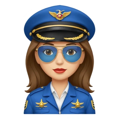 pilote d'avion femme cheveux brun clair avec sunglasses et chapeau de pilote et uniforme bleu sticker