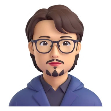 Hideo Kojima as a creative game director with glasses and unique hairstyle, stylized portrait in 3D emoji style sticker