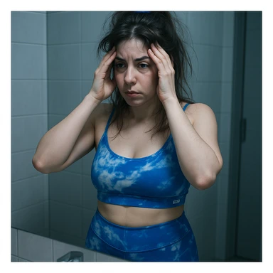 A slender woman in 4K, in front of the bathroom mirror, looking at herself with a tired gaze, massaging her temples, with messy hair and cold lighting, inspired by the reference photo. sticker