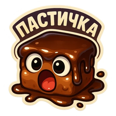 Rectangular chocolate mini pastry, slightly messy and squished, chocolate dripping, big round eyes, wide open mouth, playful surprised expression, text above: "ПАСТИЧКА", chibi style, Twitch emoji style, transparent background, colorful

 sticker