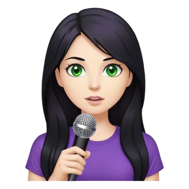 Woman with long black hair and green eyes with a purple top holding a microphone sticker