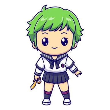 Mischievous anime girl with green short messy hair wearing Japanese sailor style school uniform, smirking and plotting, kawaii style sticker