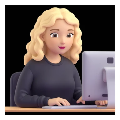 brown-eyed blonde young woman with wavy hair, wearing a black sweater, working on a computer in a cozy office sticker