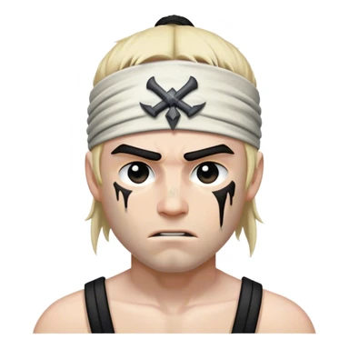 A battle-worn warrior with a black headband, sweat and dirt streaked across his pale skin sticker