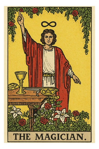 The Magician tarot card in Rider Waite Smith style, featuring a robed figure with one hand pointing to the sky and the other to the earth, surrounded by symbols of the four suits, mystical and classic tarot illustration look, white background sticker