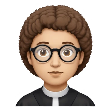 A male nun with brown fluffy hair and black circle glasses sticker