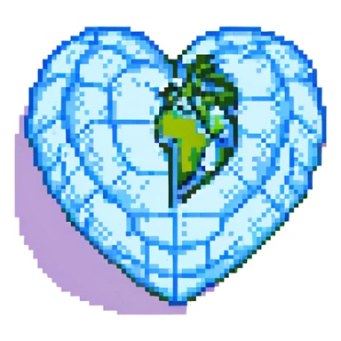 heart and world merged, pixel art style sticker