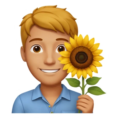 man holding a sunflower portrait, head and shoulders only, gentle smile, sunflower visible in hand, warm positive vibe, 3D cartoon style, mobile game icon style, clean background, no text, no watermark
 sticker