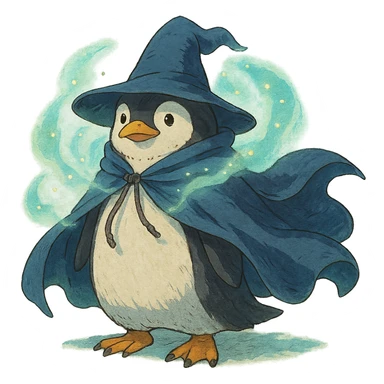 penguin wizard with a flowing cloak and magical aura sticker