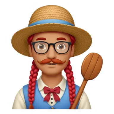 venice gondolier with long red braided hair, iconic hat, normal glassess and red mustache sticker