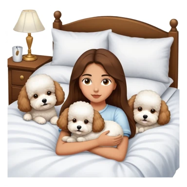 Olive skin girl with long brown hair in bed with three white bichon frise's in bed sticker
