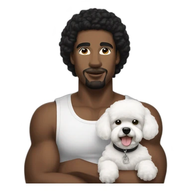 white man black hair,  rapper flexing with a bichon sticker