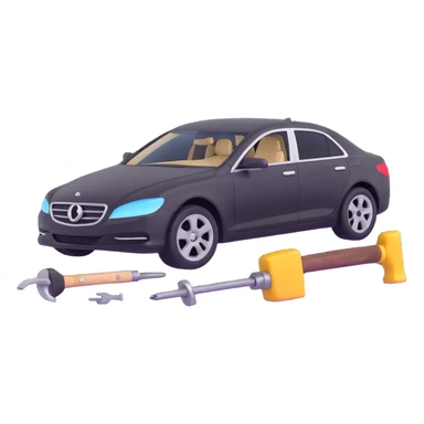 luxury car with dent repair tools like a lever and small hammer, elegant and modern sticker