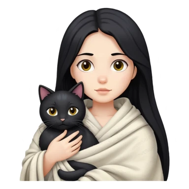 A girl with fair skin, long black hair, just got out of the shower, wrapped in a blanket and holding a black cat sticker