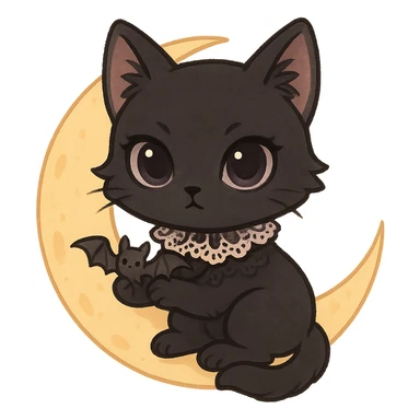 gothic cat, chibi style, pastel palette, black fur, lace collar, big eyes, cute but mysterious, holding a tiny bat, sitting on a crescent moon sticker