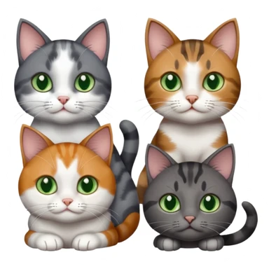 4 different coloured small cats including a dark grey and white, and a patchy calico, and a brown tabby and white,  and a completely solid dark grey with green eyes and only white paws sticker