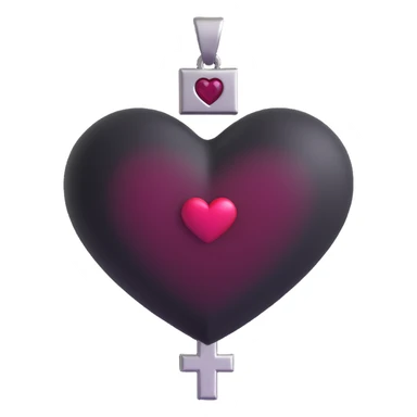 3D emoji gothic heart, black velvet texture, silver cross charm, dark ruby center sticker