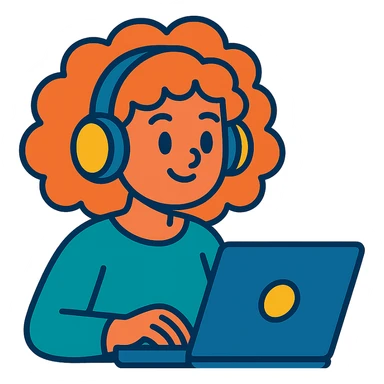 vibrant toon style curly hair girl with headphones and a laptop sticker