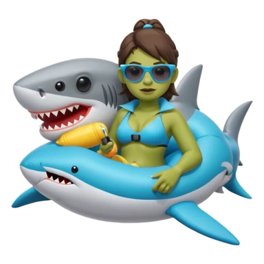 orc female sitting in an inflatable floatie shaped like a shark, wearing oversized sunglasses and a whistle on a neck cord, 2d sticker