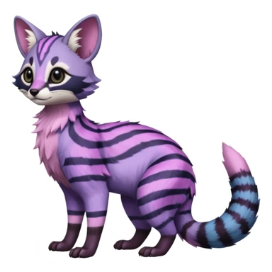 Cute elegant hyper-realistic lifelike furry Indigo, purple, violet, pink, Civet-Genet-Possum-Serval-Caracal-Sergal-Trico-Numbat-Furret-fusion-Fakemon-hybrid-creature (full body) with long tufted ears and a striped tufted tail  sticker