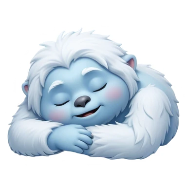 Meme-Worthy Cute Sleeping Yeti Portrait Emoji, with a charming, fluffy, snow-dusted figure in gentle whites and cool blues, head resting in blissful, serene slumber with closed, peaceful eyes and a small, contented smile, simplified yet irresistibly adorable, highly detailed with a soft frosty outline that captures the tender drowsiness of a yeti drifting into snowy dreams! sticker