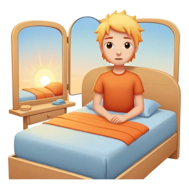 A person stands beside their bed, rolling out groggily with determination. The bed behind them is neatly made, a mirror in front of them . A glowing sunrise outside signals the start of a productive day. sticker