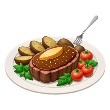 prato de jantar de buffet com pedaços de bife, batatas inglesas cortadas e vegetais verdes (como brocolis e tomates pequenos) sticker