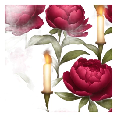 A cluster of deep red peonies and a flickering candle, tied together with a delicate lace ribbon sticker
