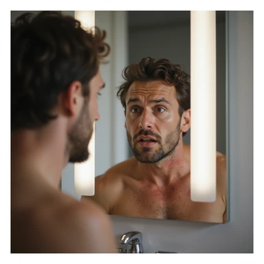 hyperrealistic 4K image of a man looking at himself in the mirror with a worried expression, noticing a rash on his neck, natural light, modern bathroom sticker