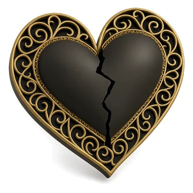 Make the 3D goth black heart with lace patterns appear cracked or broken, keeping it shiny and dramatic. sticker