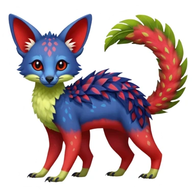 Feral Rare Fantasy vibrant tropical red and indigo and lime-collred Vernid-Trico-species-creature by LiLaiRa, random markings, tufted tail, tufted ears, full body sticker