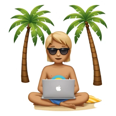 A minimalist emoji-style icon: A gender-neutral person sitting with a laptop on the beach. A palm tree nearby, sun and sea in the background. Relaxed, summery atmosphere. Simplified shapes, no detailed facial features, clean emoji-like design. sticker
