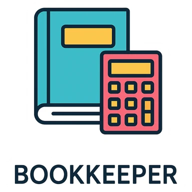 the word BOOKKEEPER in a clear and creative lineal color icon style with black outlines, suitable for a logo or icon sticker