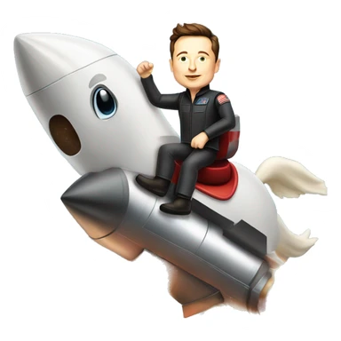 Elon Musk riding on top of a flying space rocket like a horse sticker